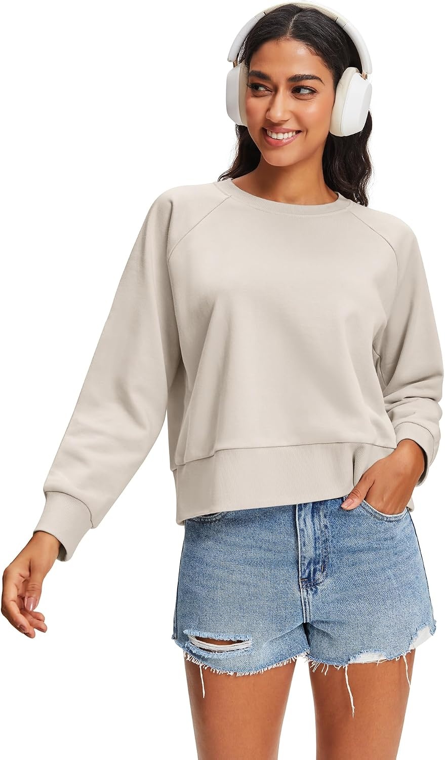 Stelle Women’s Raglan Crewneck Sweatshirt Relaxed Fit Casual Everyday(Oat Milk)