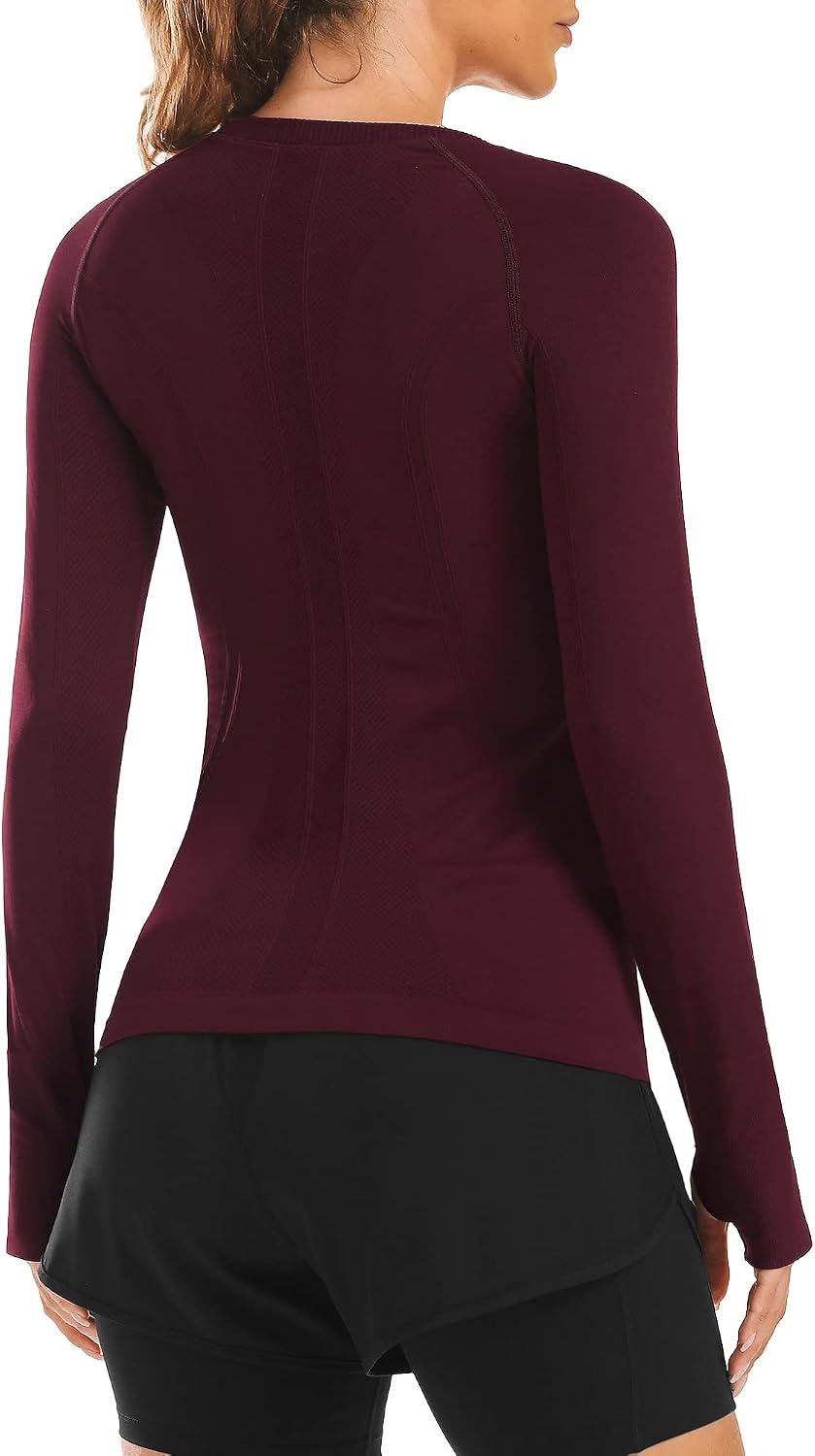 Stelle Womens Seamless Long Sleeve Workout Tops Compression Athletic Shirts(Burgundy)