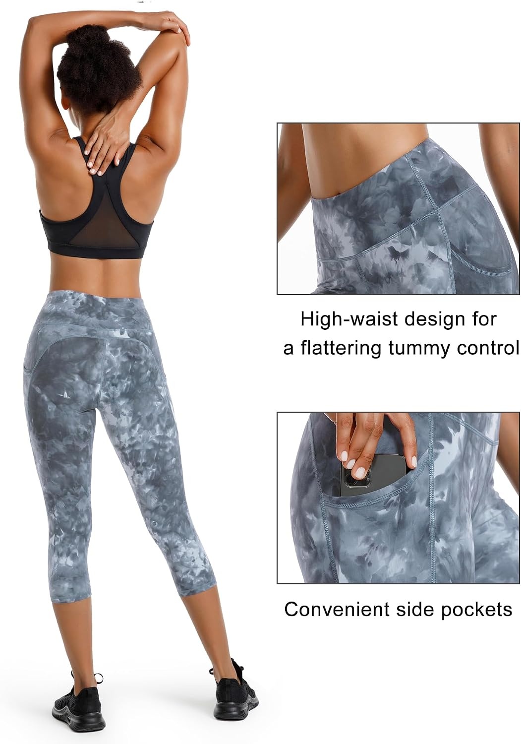 Stelle Capri Leggings for Women Yoga Pants with Pockets High Waisted Legging for Gym Workout(Nylon-tie Dye Black)