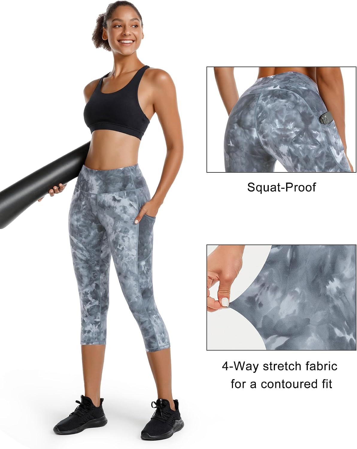 Stelle Capri Leggings for Women Yoga Pants with Pockets High Waisted Legging for Gym Workout(Nylon-tie Dye Black)