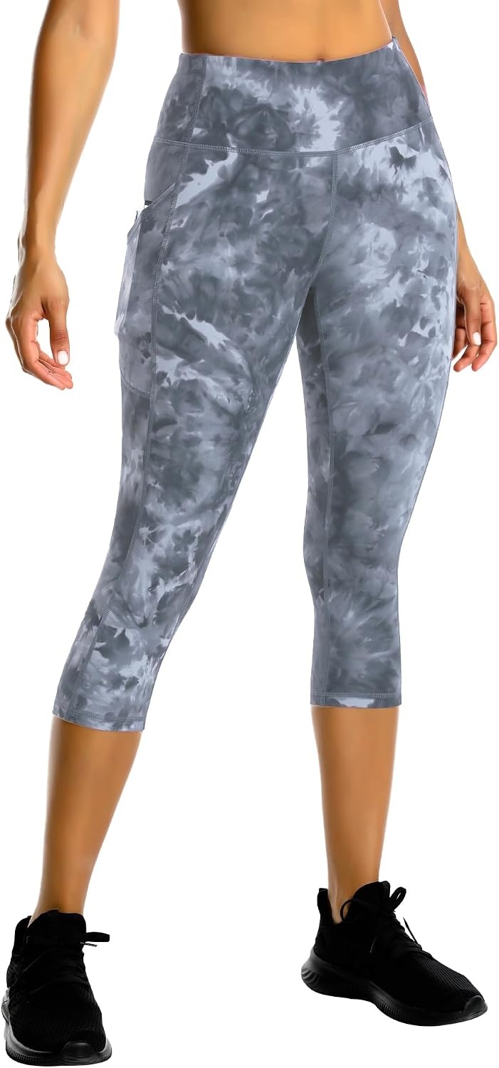 Stelle Capri Leggings for Women Yoga Pants with Pockets High Waisted Legging for Gym Workout(Nylon-tie Dye Black)