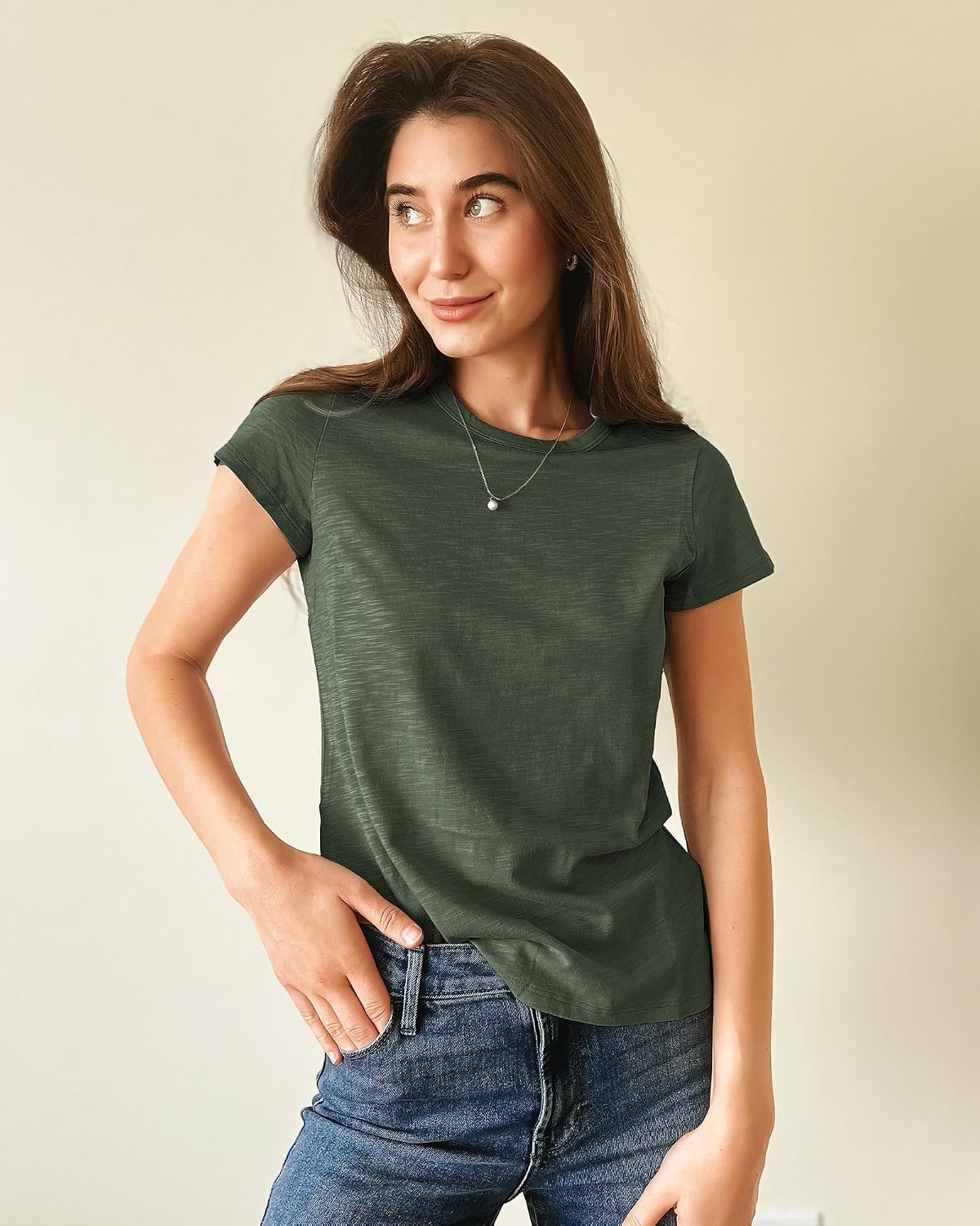 Stelle Womens Modal Soft Crewneck Short Sleeve T Shirts Basic Tees | Breathable,Cotton Blend,Loose Fit,Lightweight,Casual,Layering essential,Streetwear,Summer Outfits(Utility Green)