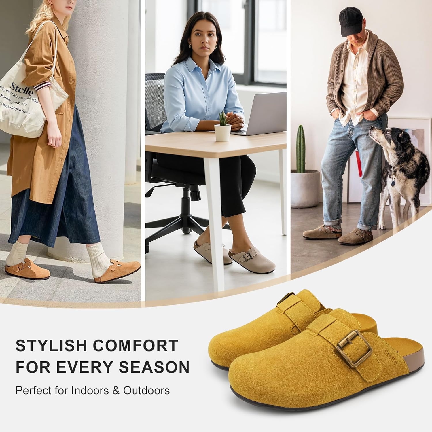 Stelle Suede Clogs for Women Men Potato Shoes with Arch Support Leather Cork Footbed Mules Slip on Home Slippers(Mustard)