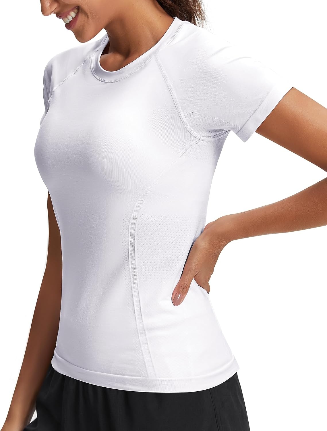 Stelle Womens Workout Tops Short Sleeve Seamless Moisture Wicking Yoga Tees | Meamless Fabric,Quick-Drying,Mesh Ventilation,Slim-Fit Silhouette,Raglan Sleeves,For Running,Tennis And Gym Workout(A-white)