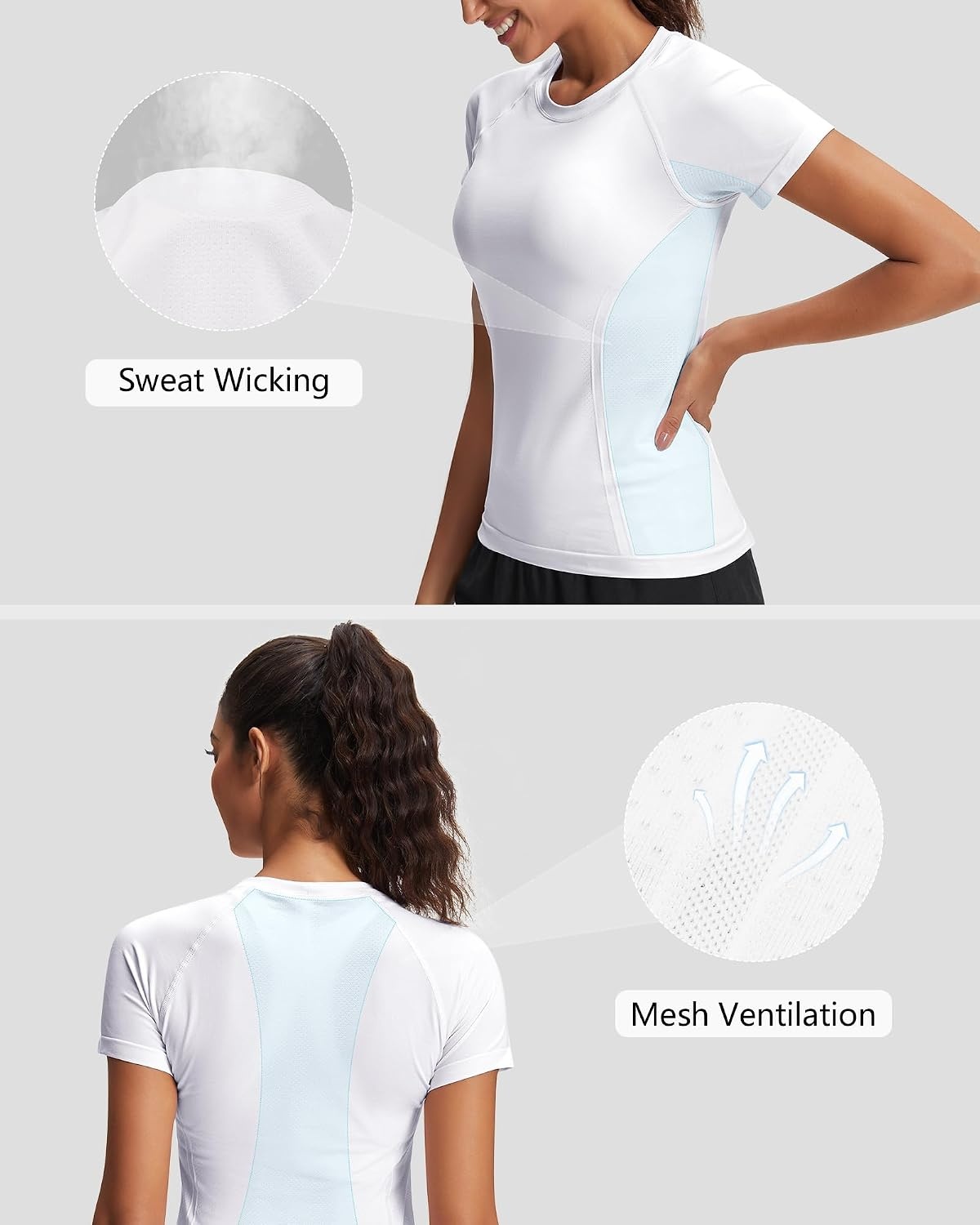 Stelle Womens Workout Tops Short Sleeve Seamless Moisture Wicking Yoga Tees | Meamless Fabric,Quick-Drying,Mesh Ventilation,Slim-Fit Silhouette,Raglan Sleeves,For Running,Tennis And Gym Workout(A-white)
