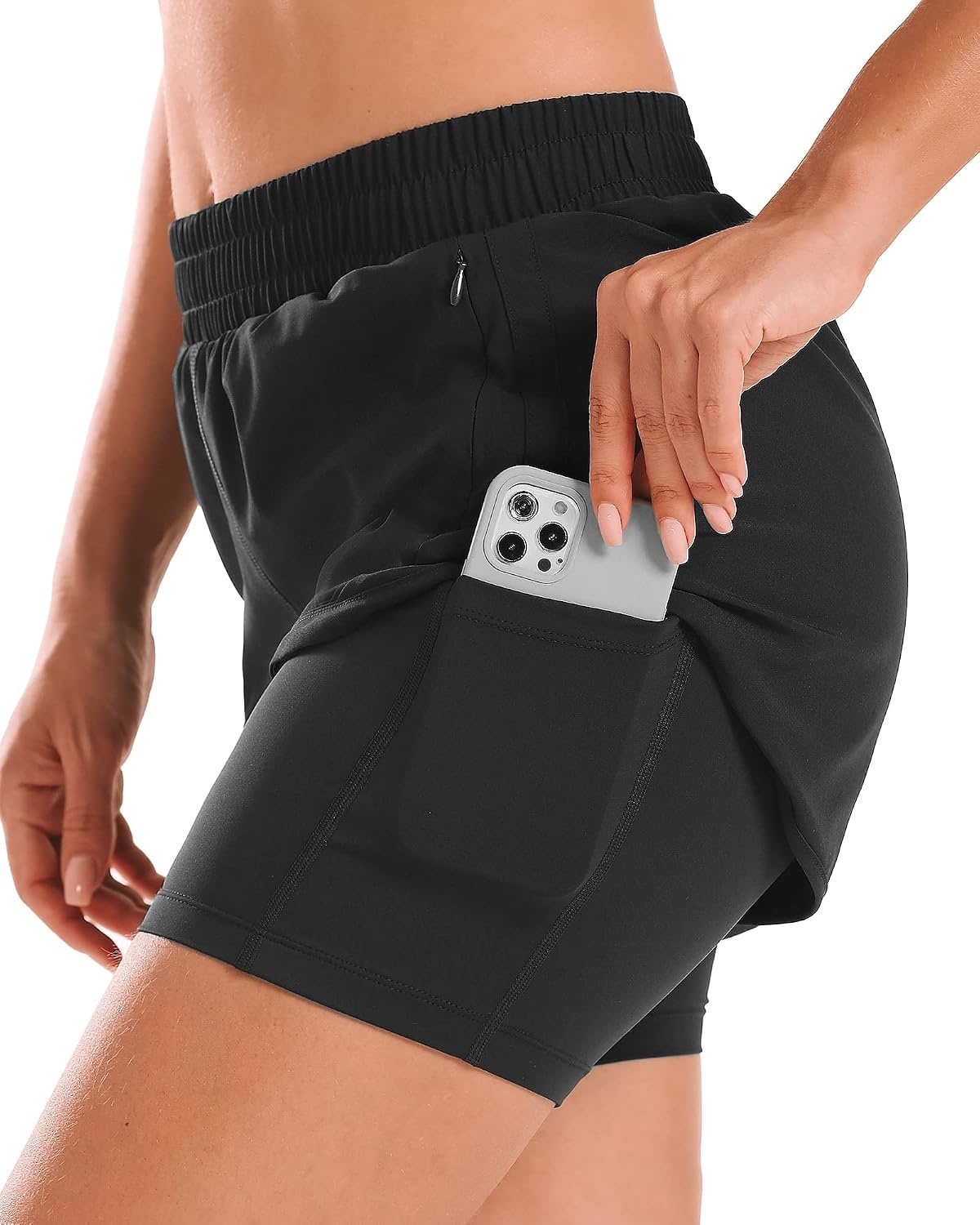 Stelle Women 2 in 1 Running Shorts High Waisted Athletic Shorts Gym Workout Shorts with Liner Zipper Pockets(Black)