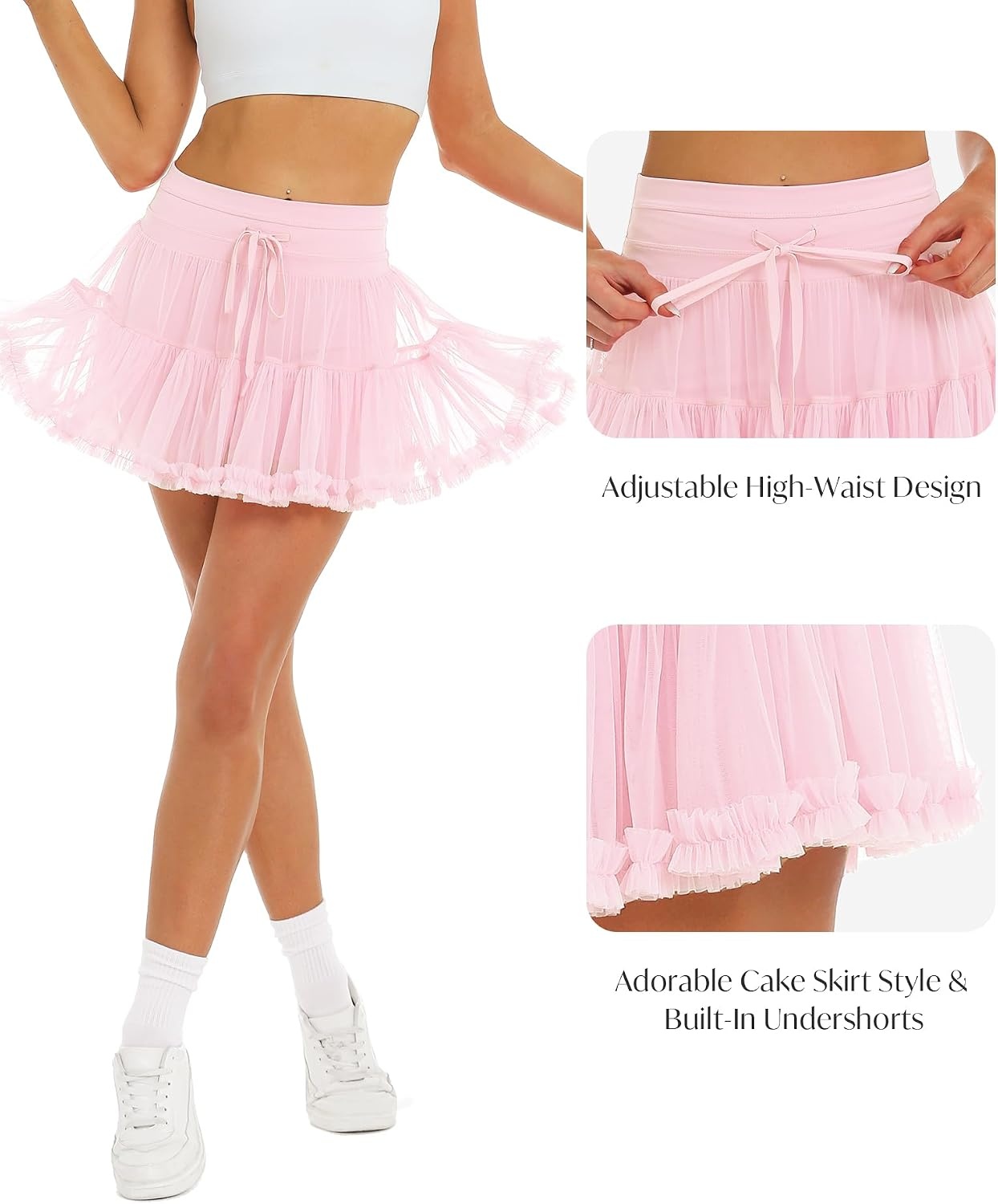 Stelle Womens Tiered Ruffle Tennis Athletic Skirts with Built in Shorts(Ballet Pink)
