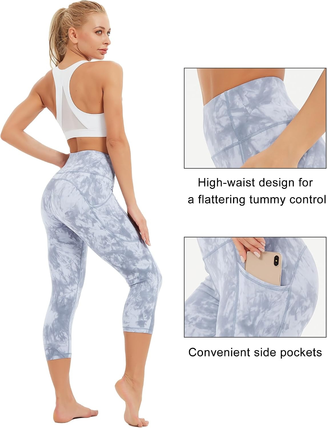 Stelle Capri Leggings for Women Yoga Pants with Pockets High Waisted Legging for Gym Workout(Nylon-tie Dye Grey)