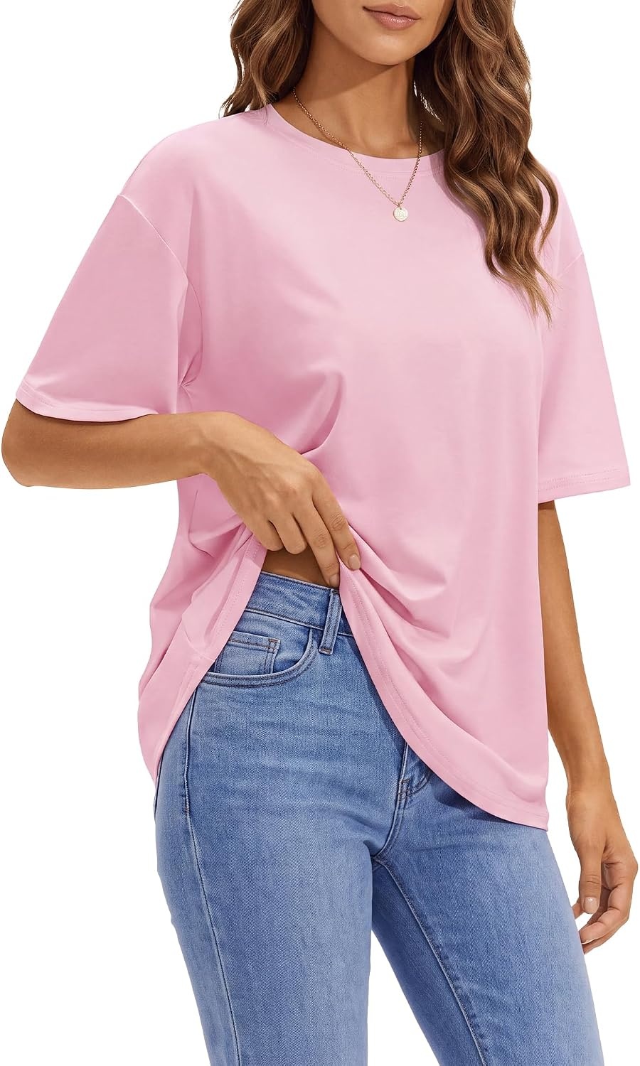 Stelle Womens Oversized Tee Shirts Loose Fit Buttery Soft Tshirt Casual Top(Pink)
