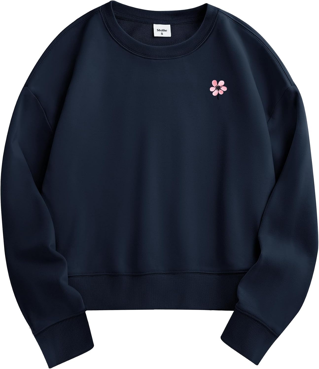 Stelle Cropped Sweatshirt for Women Crewneck Pullover Tops Oversized Long Sleeve Lightweight Casual Cotton Sweat Shirts(Navy)