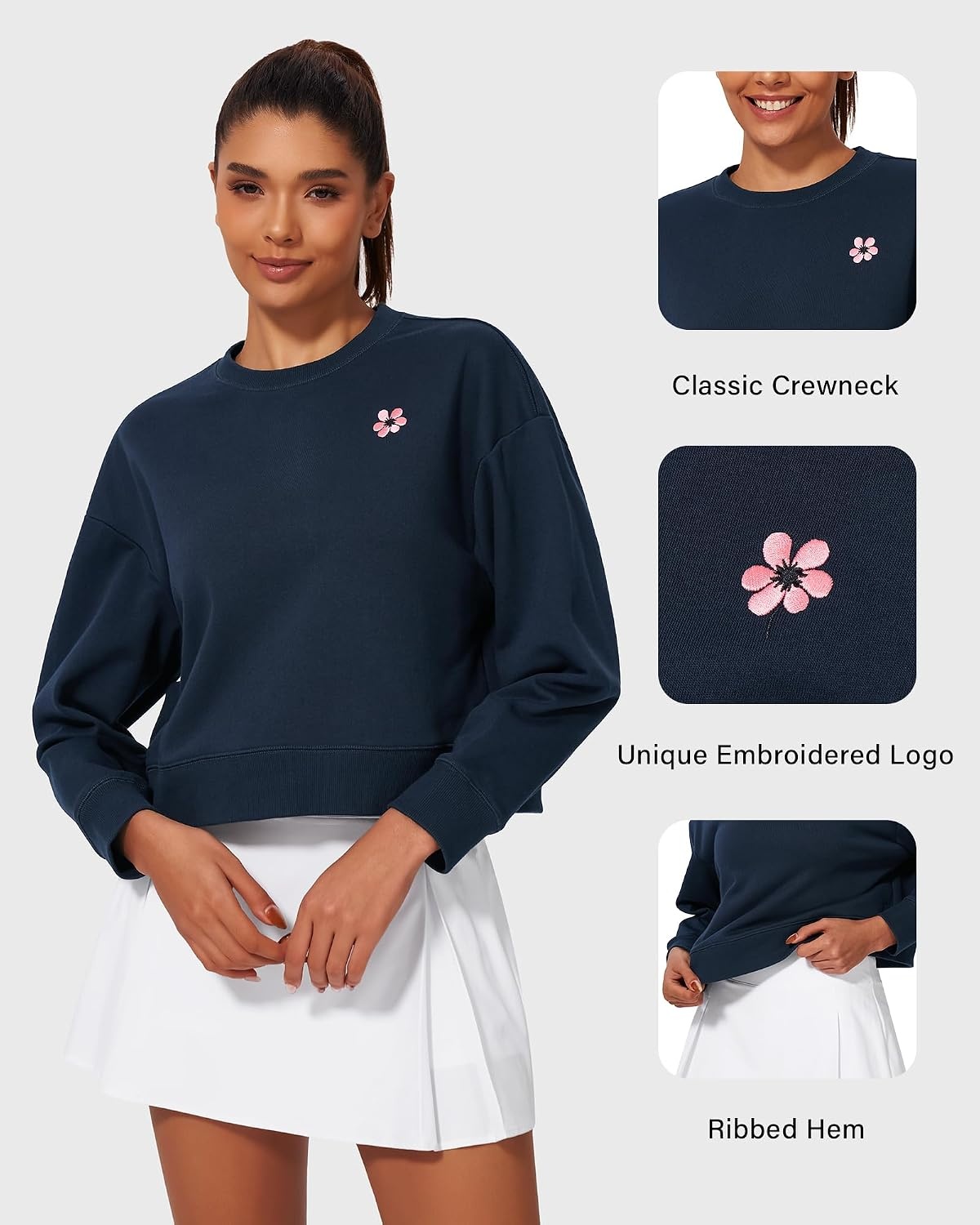 Stelle Cropped Sweatshirt for Women Crewneck Pullover Tops Oversized Long Sleeve Lightweight Casual Cotton Sweat Shirts(Navy)