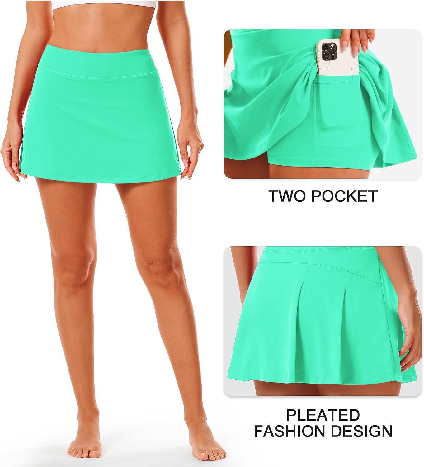 Stelle Women Tennis Skirt High Waisted Athletic Golf Skorts with Pockets | Tummy Control, Built-In Shorts, Deep Pockets, Pleated, Breathable, Lightweight, Tennis, Golf, Pickleball, Running, Workout(Mint Green)