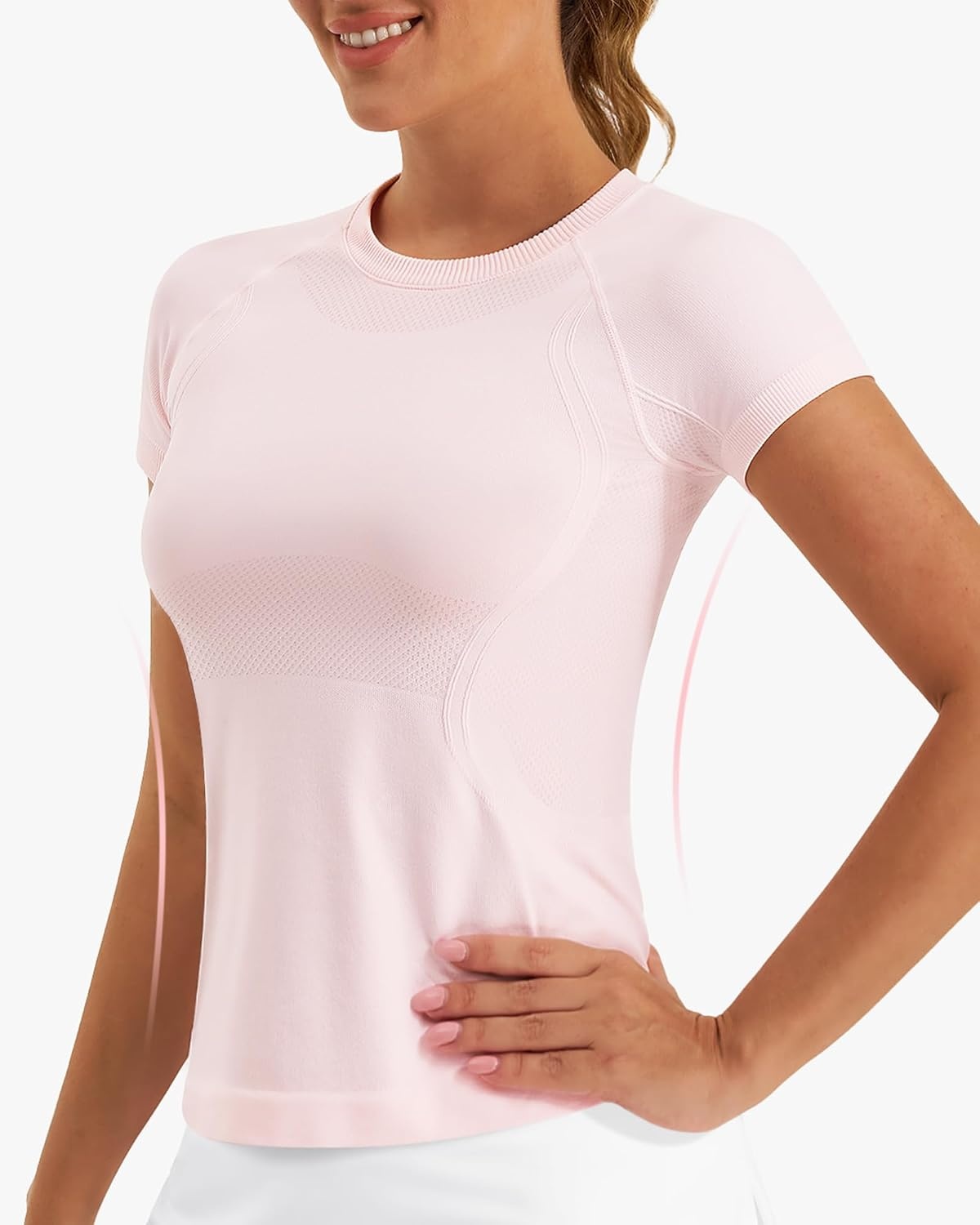 Stelle Women Workout Tops Short Sleeve Seamless Athletic Shirts Yoga Gym Sports Breathable Tees(Short Sleeve-ballet Pink)