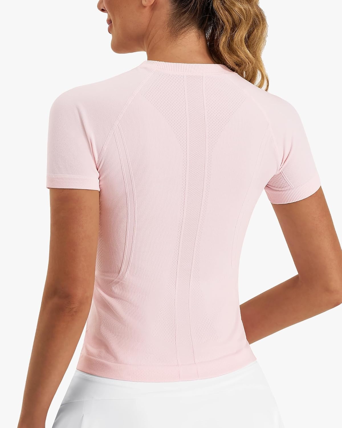 Stelle Women Workout Tops Short Sleeve Seamless Athletic Shirts Yoga Gym Sports Breathable Tees(Short Sleeve-ballet Pink)