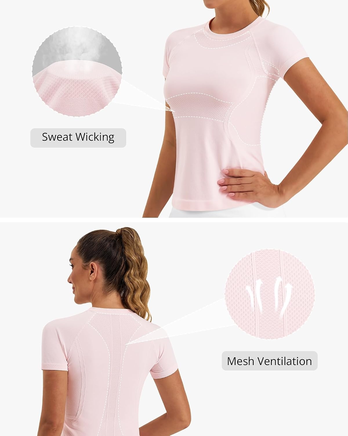 Stelle Women Workout Tops Short Sleeve Seamless Athletic Shirts Yoga Gym Sports Breathable Tees(Short Sleeve-ballet Pink)