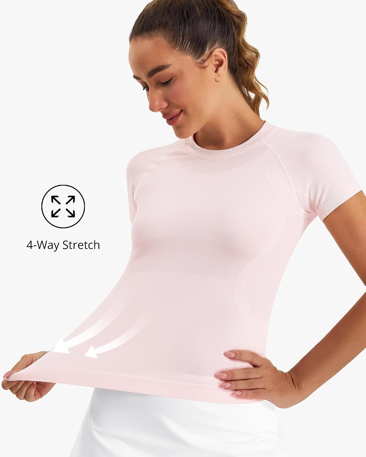 Stelle Women Workout Tops Short Sleeve Seamless Athletic Shirts Yoga Gym Sports Breathable Tees(Short Sleeve-ballet Pink)