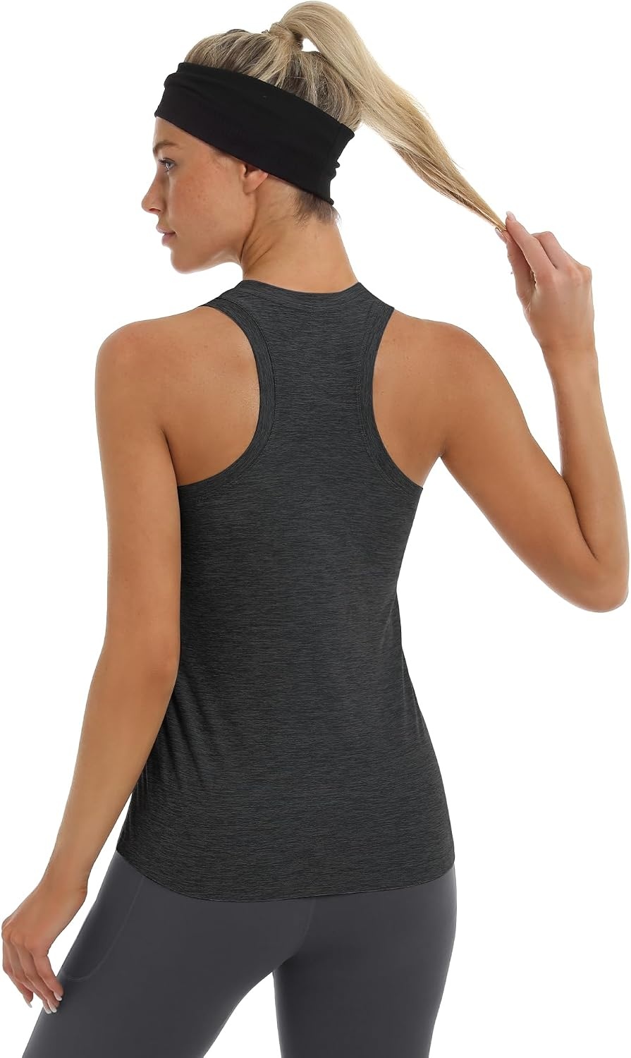 Stelle Workout Tank Tops for Women, Athletic Sleeveless Scoop Neck Racerback Shirt with Chest Pocket, Yoga Gym Running Summer Top (Charcoal,L)