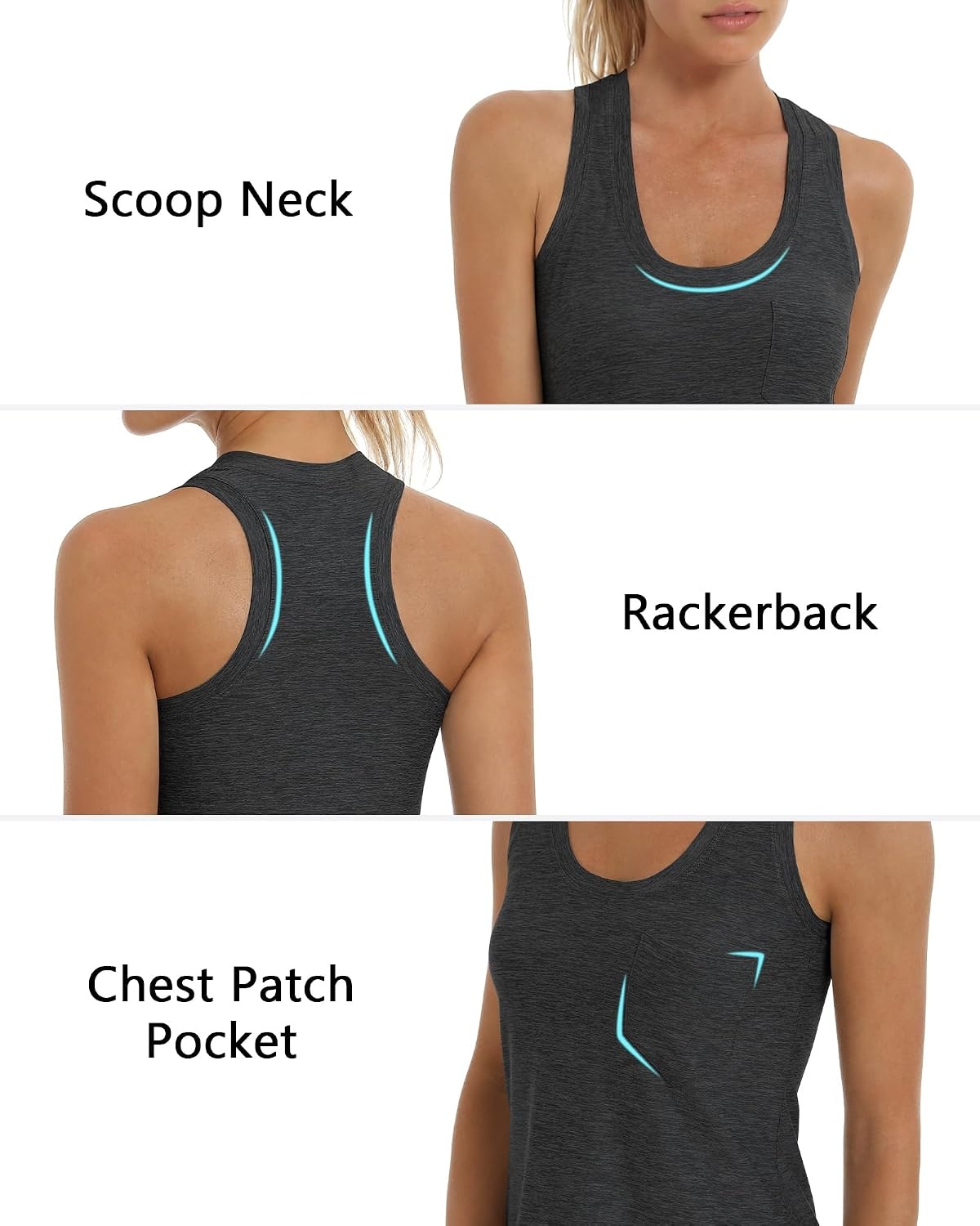 Stelle Workout Tank Tops for Women, Athletic Sleeveless Scoop Neck Racerback Shirt with Chest Pocket, Yoga Gym Running Summer Top (Charcoal,L)