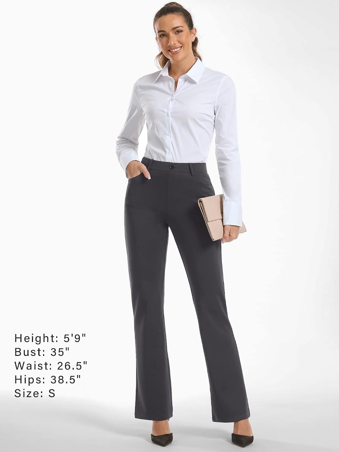 Stelle Women 28″/30″/ 32″ Bootcut Dress Pants Business Casual Work Pants with Pockets Pull On Regular Slacks for Office(Charcoal Grey)