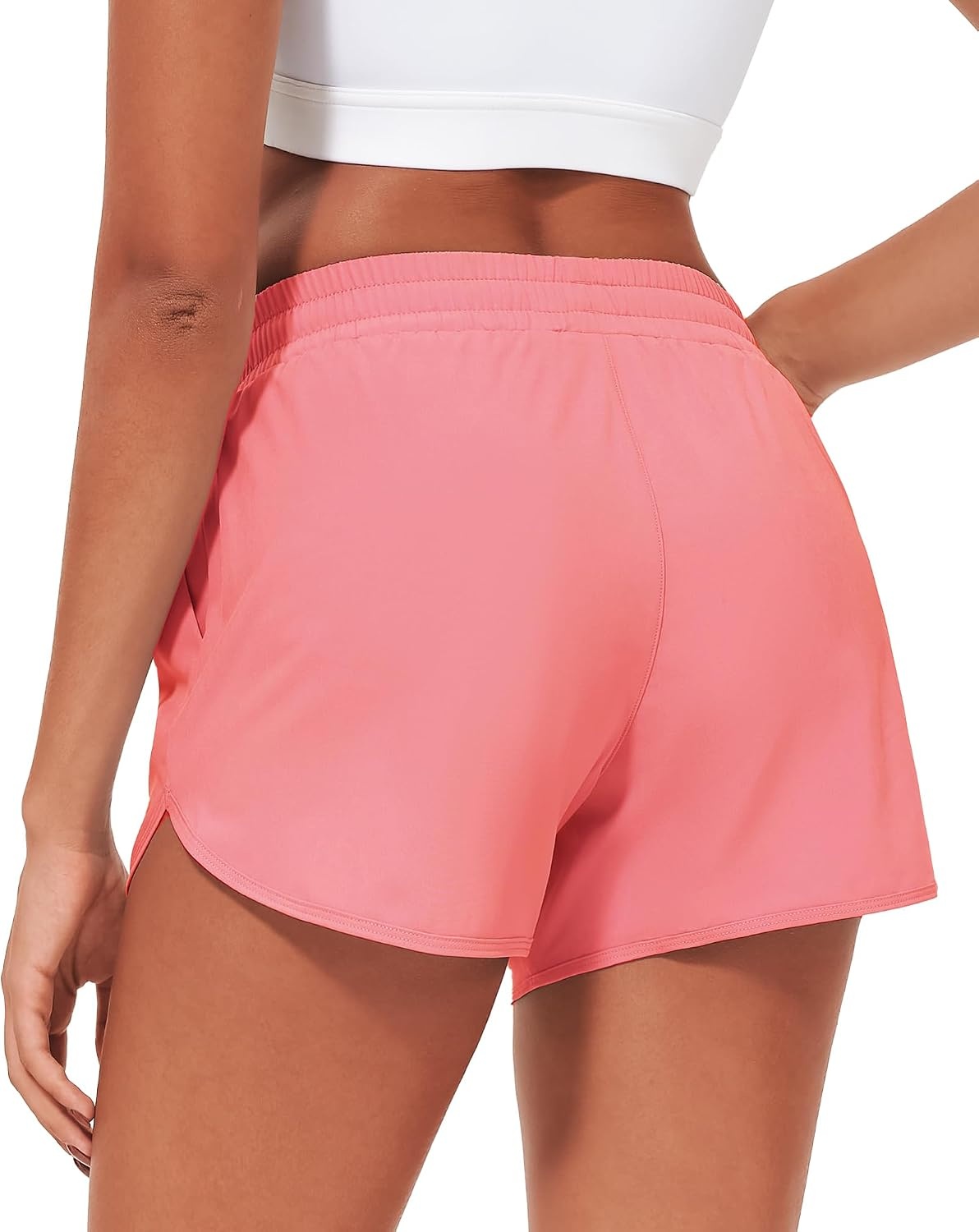 Stelle Womens 3″ Running Shorts Mesh Liner High Waisted Workout Shorts Quick Dry Dolphin Athletic Shorts with Pockets(Coral)