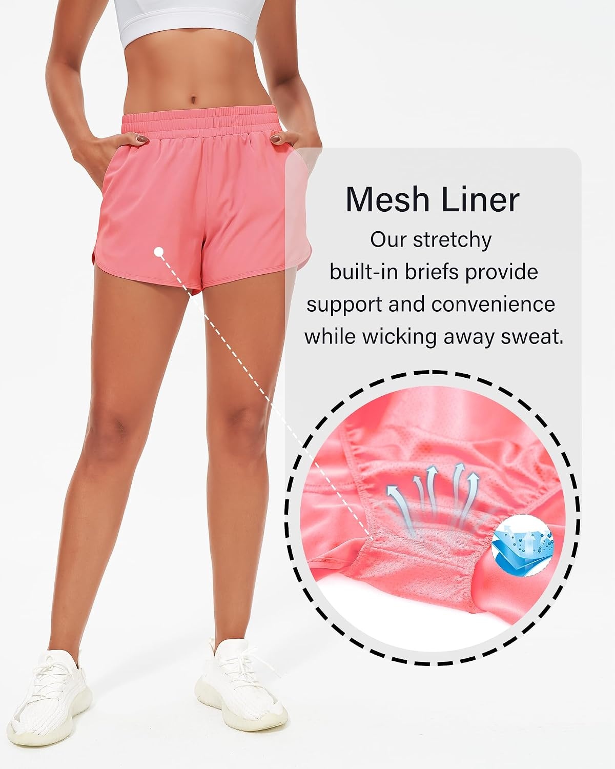 Stelle Womens 3″ Running Shorts Mesh Liner High Waisted Workout Shorts Quick Dry Dolphin Athletic Shorts with Pockets(Coral)