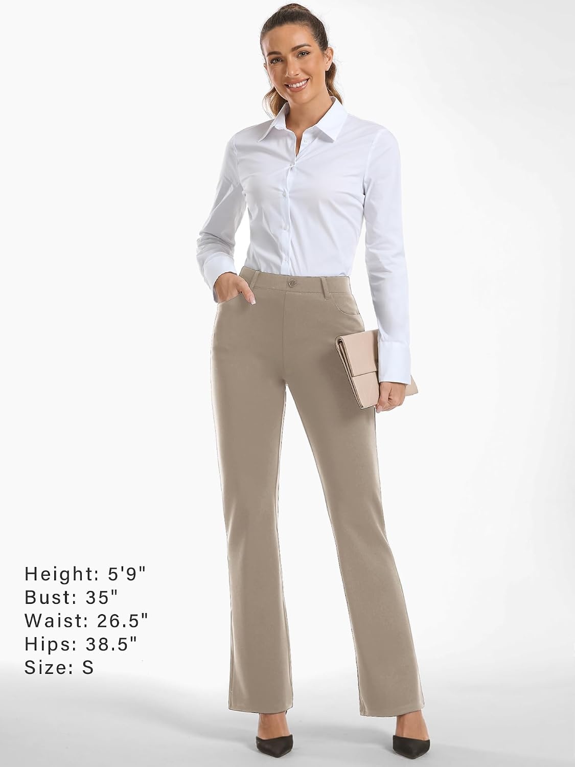 Stelle Women 28″/30″/ 32″ Bootcut Dress Pants Business Casual Work Pants with Pockets Pull On Regular Slacks for Office(Grey Khaki)
