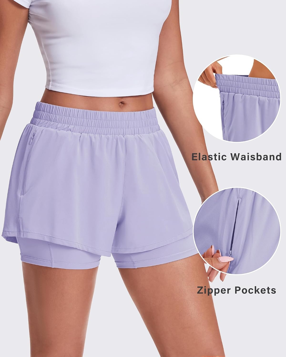 Stelle Women’s 2 in 1 Running Shorts Gym Athletic Shorts with Zip Pockets | High Waisted, 2 in 1 Athletic Shorts, Supportive Liner, Built-In Pockets, Running, Workout, Gym Training(Lavender)