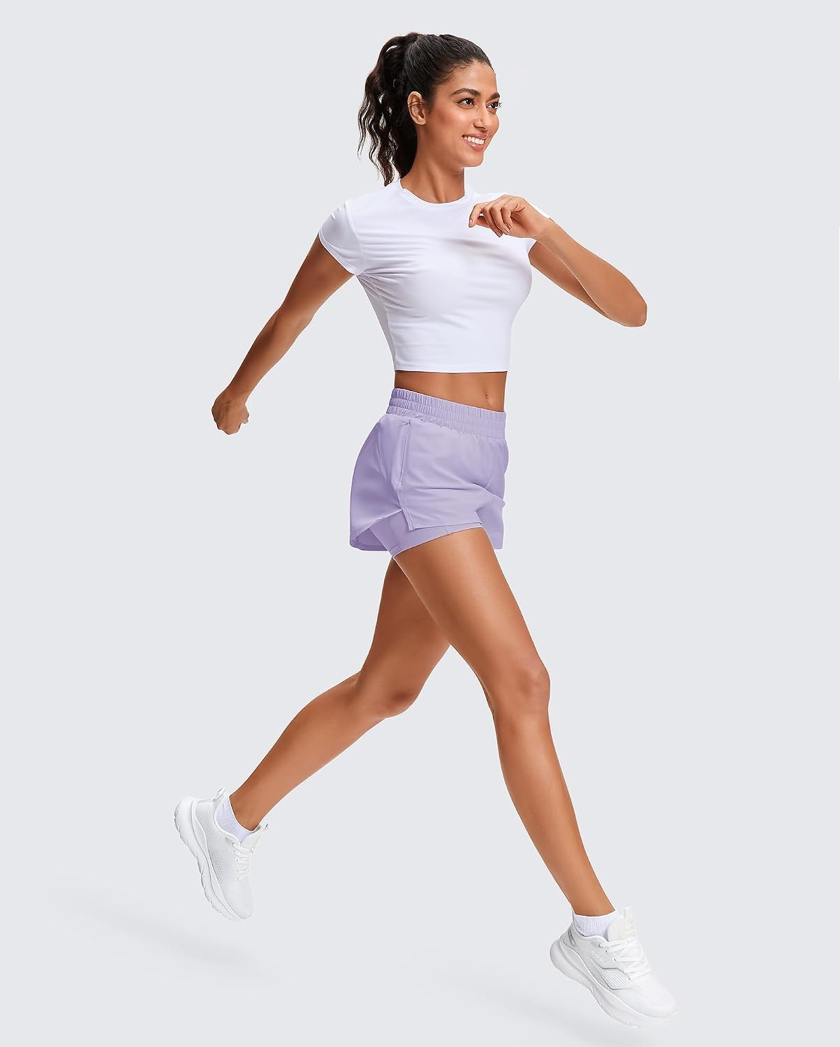 Stelle Women’s 2 in 1 Running Shorts Gym Athletic Shorts with Zip Pockets | High Waisted, 2 in 1 Athletic Shorts, Supportive Liner, Built-In Pockets, Running, Workout, Gym Training(Lavender)