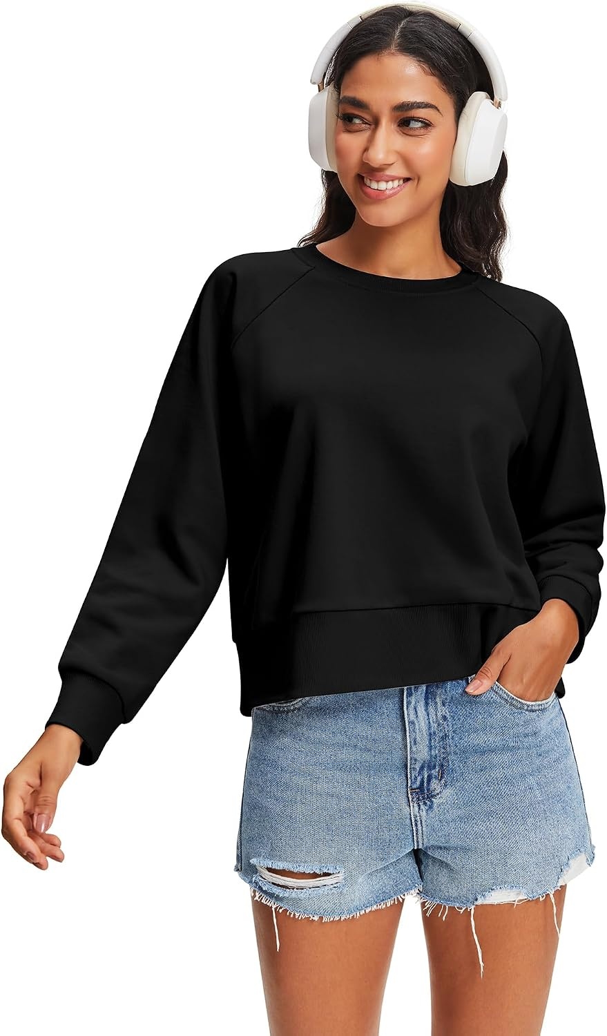 Stelle Women’s Raglan Crewneck Sweatshirt Relaxed Fit Casual Everyday | Soft fleece lining, Raglan sleeves, Ribbed cuffs, Layering essential, Lounge, Travel, Streetwear(Black)