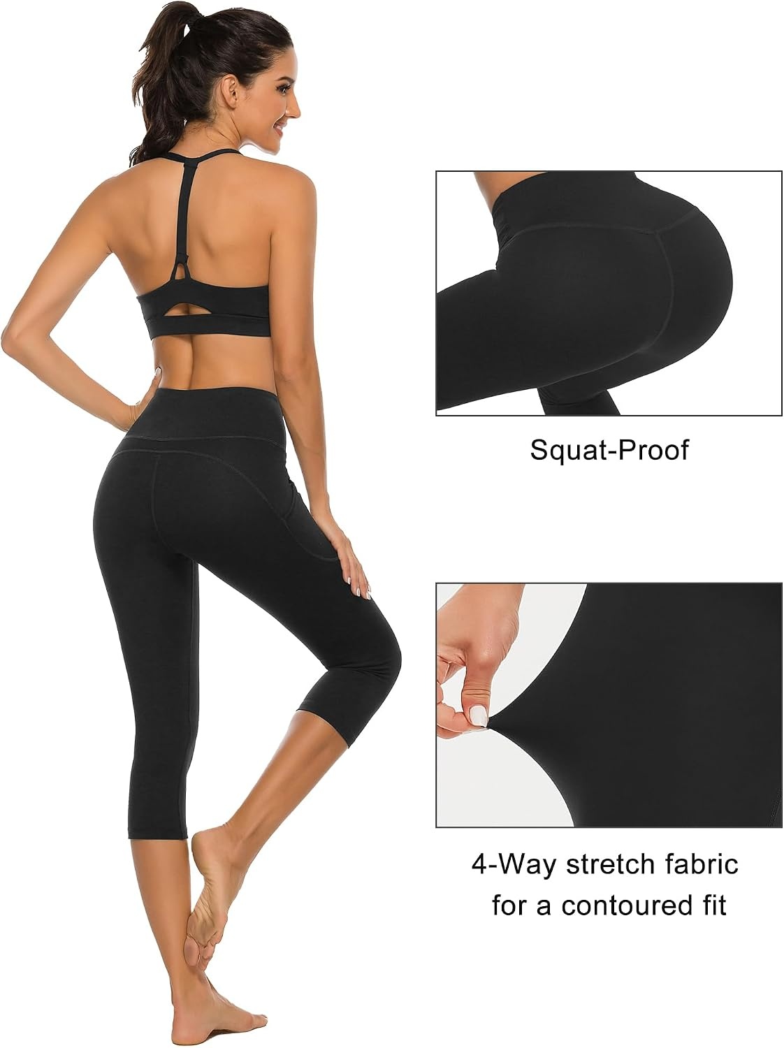 Stelle Capri Leggings for Women Yoga Pants with Pockets High Waisted Legging for Gym Workout(Cotton Like Softness-black)