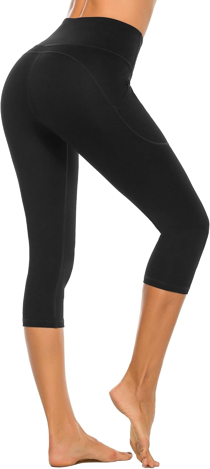 Stelle Capri Leggings for Women Yoga Pants with Pockets High Waisted Legging for Gym Workout(Cotton Like Softness-black)