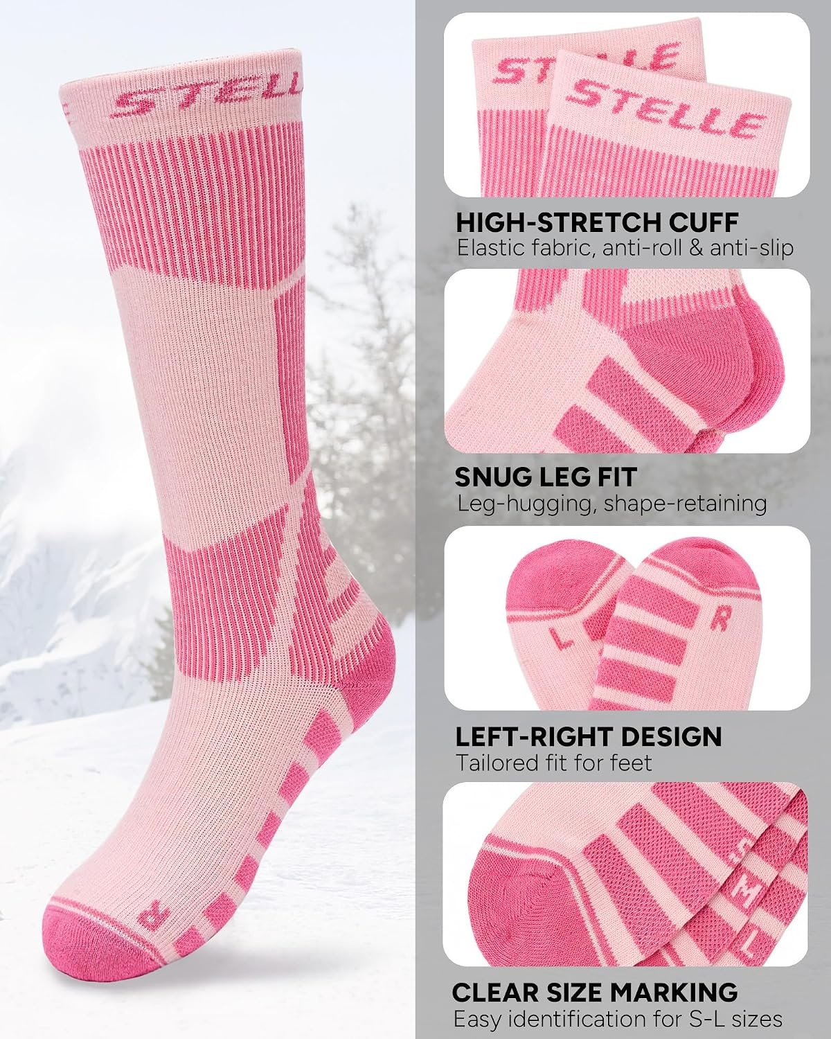 Stelle Wool Ski Socks for Kids Men Women, Winter Warm Knee High Socks(Pink)