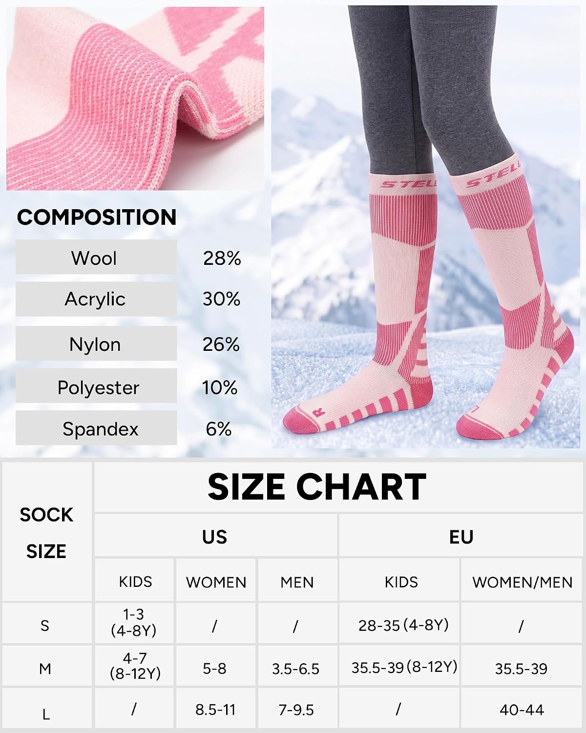 Stelle Wool Ski Socks for Kids Men Women, Winter Warm Knee High Socks(Pink)