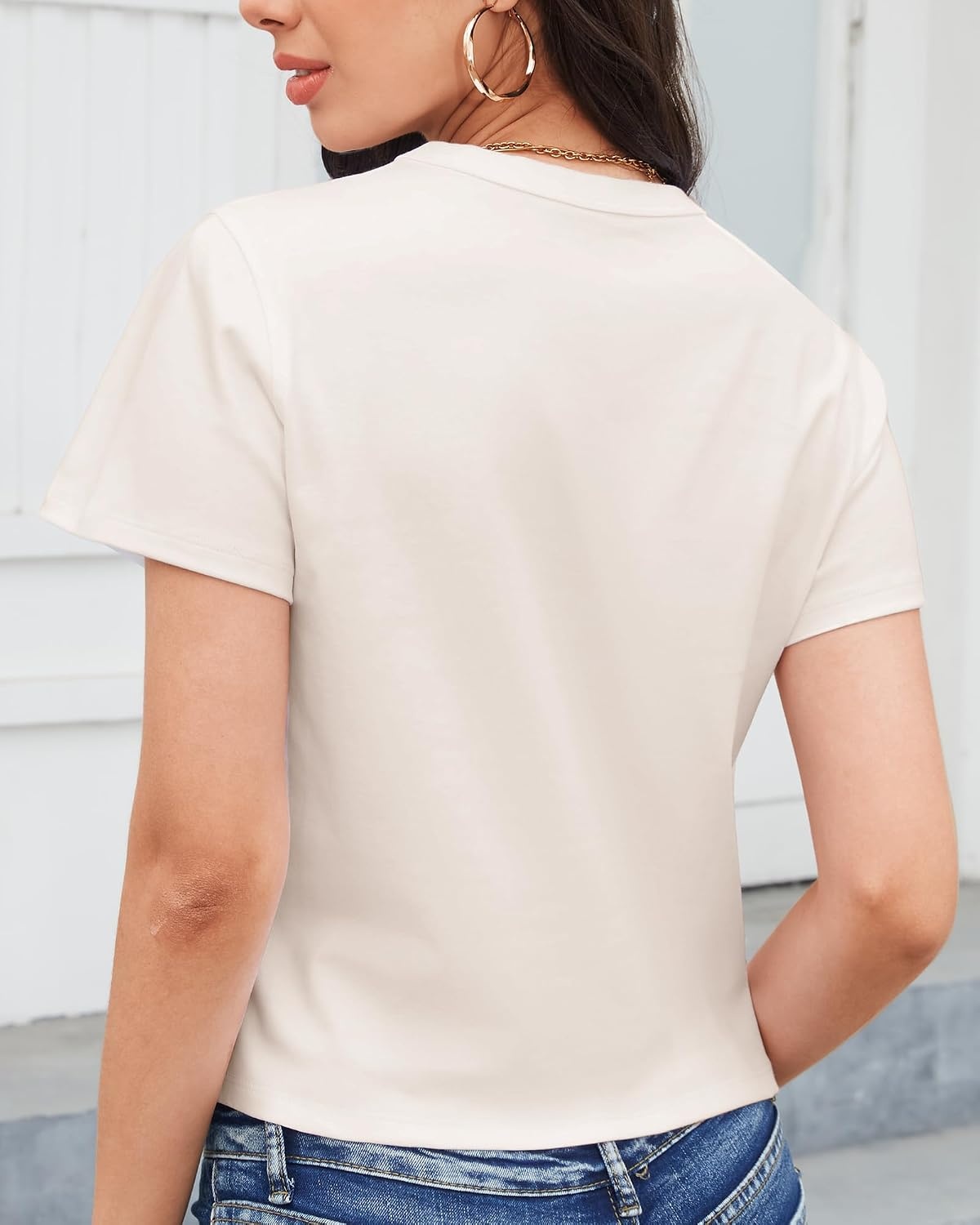 Stelle Women Cotton T Shirts Short Sleeve Basic Tees Casual Boxy Crop Tops(White Beige)