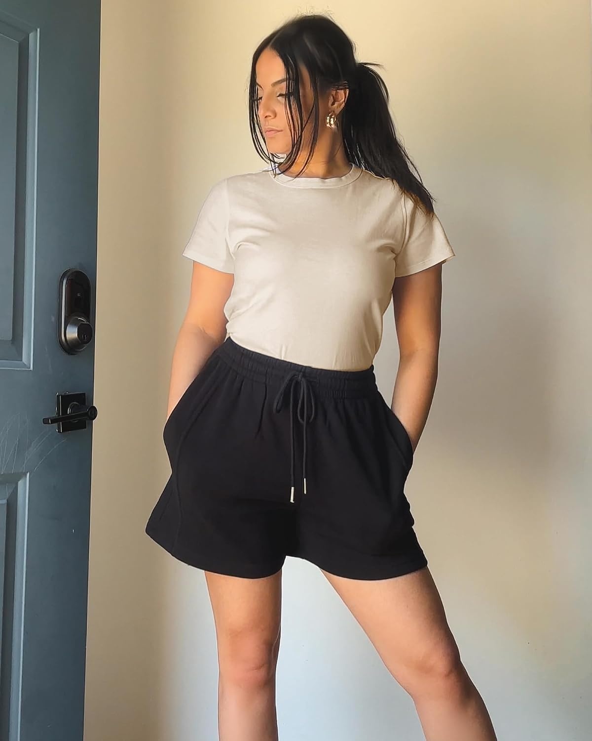 Stelle Women Cotton T Shirts Short Sleeve Basic Tees Casual Boxy Crop Tops(White Beige)