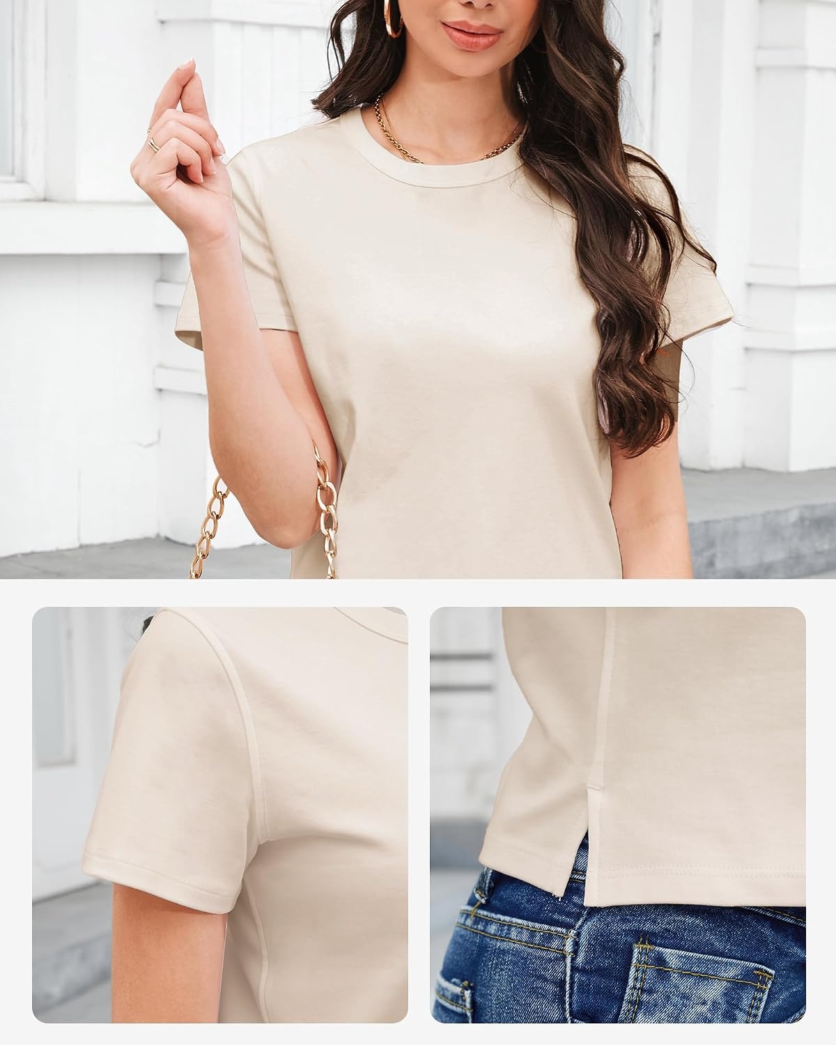 Stelle Women Cotton T Shirts Short Sleeve Basic Tees Casual Boxy Crop Tops(White Beige)