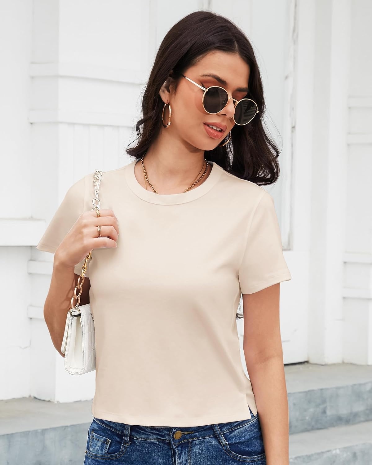 Stelle Women Cotton T Shirts Short Sleeve Basic Tees Casual Boxy Crop Tops(White Beige)
