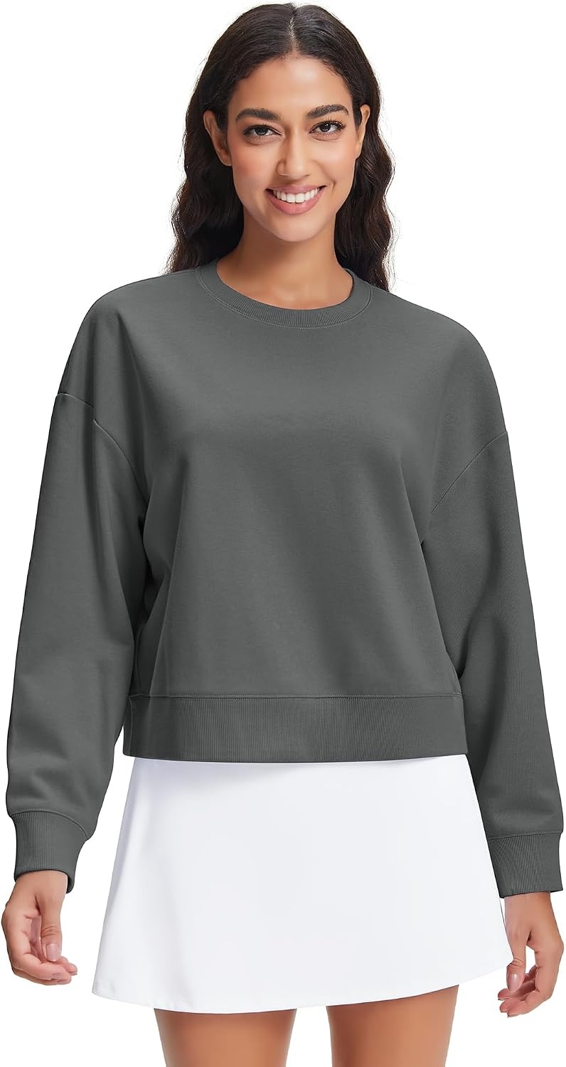 Stelle Women’s Cropped Crewneck Sweatshirt Relaxed Fit Casual Everyday | Soft lining, Ribbed cuffs, Lightweight warmth, Layering essential, Lounge, Travel, Streetwear(Dark Grey)