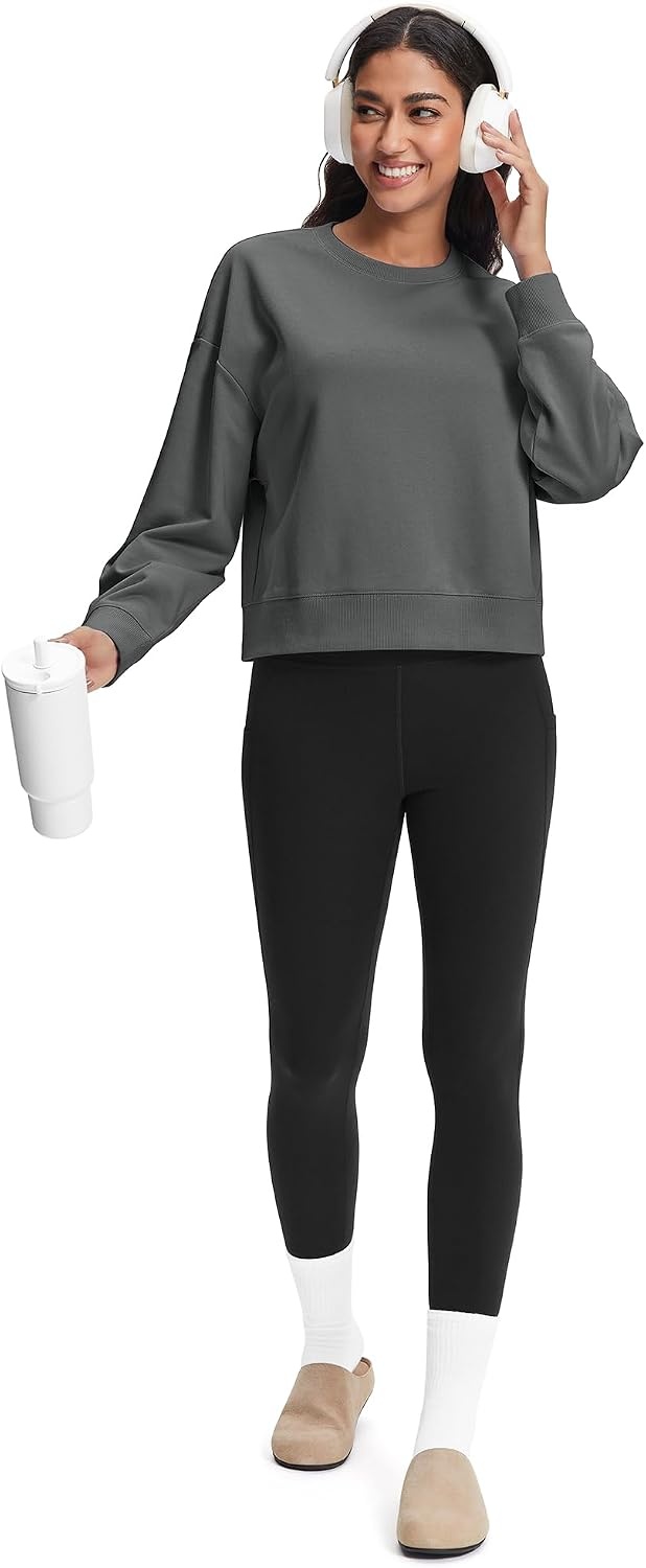 Stelle Women’s Cropped Crewneck Sweatshirt Relaxed Fit Casual Everyday | Soft lining, Ribbed cuffs, Lightweight warmth, Layering essential, Lounge, Travel, Streetwear(Dark Grey)