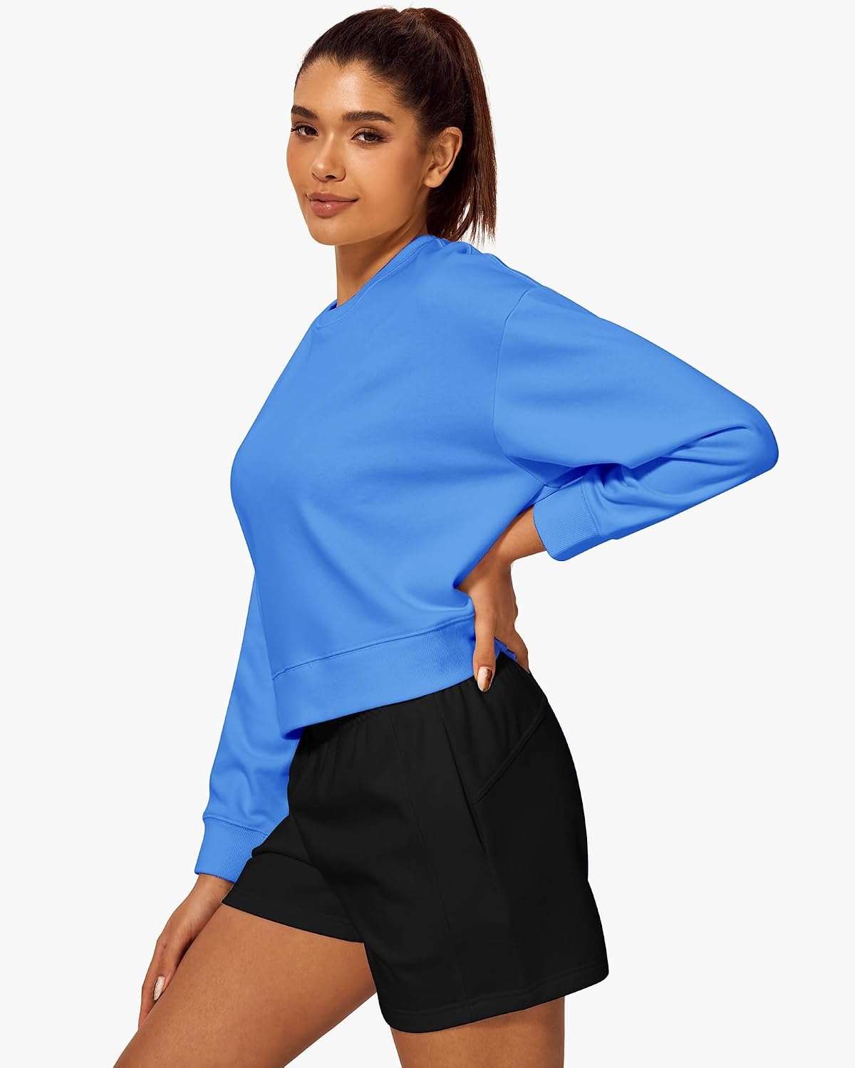 Stelle Cropped Sweatshirts for Women Cotton Long Sleeve Crop Tops Crewneck Pullover Oversized Sweater(Vibrant Blue)