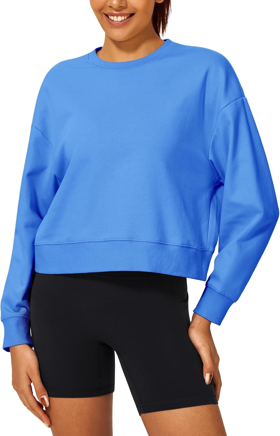 Stelle Cropped Sweatshirts for Women Cotton Long Sleeve Crop Tops Crewneck Pullover Oversized Sweater(Vibrant Blue)