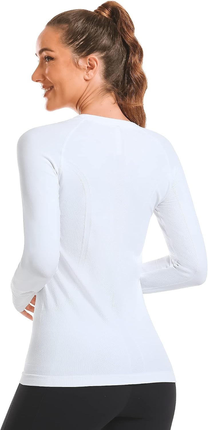 Stelle Women Workout Tops Long Sleeve Seamless Compression Athletic Shirts Yoga Gym Sports Breathable Tees(White)