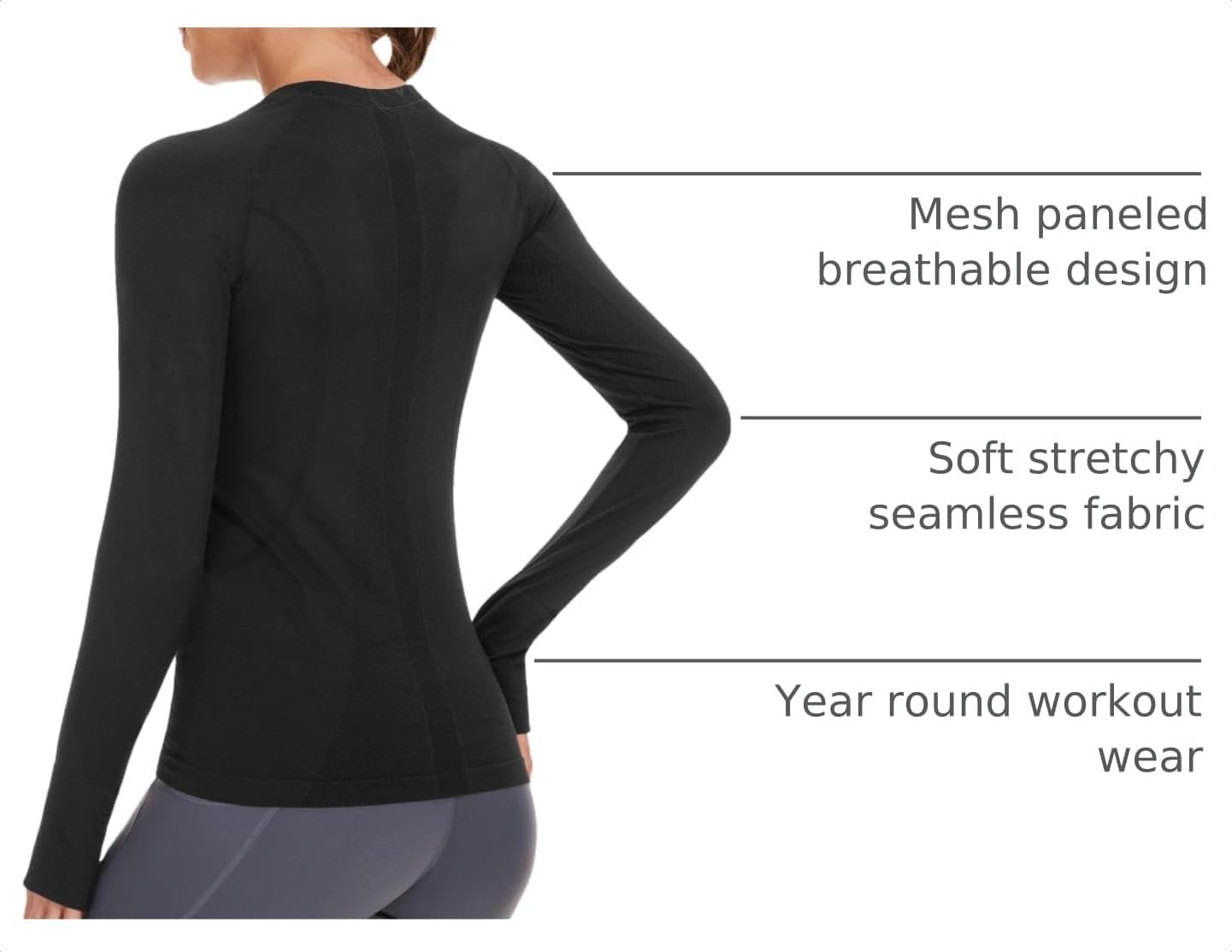 Stelle Womens Seamless Long Sleeve Workout Tops Compression Athletic Shirts | Seamless construction, Moisture-wicking fabric, Four-way stretch, Breathable, Soft, Thumbholes, Fitness, Active performance(Black)