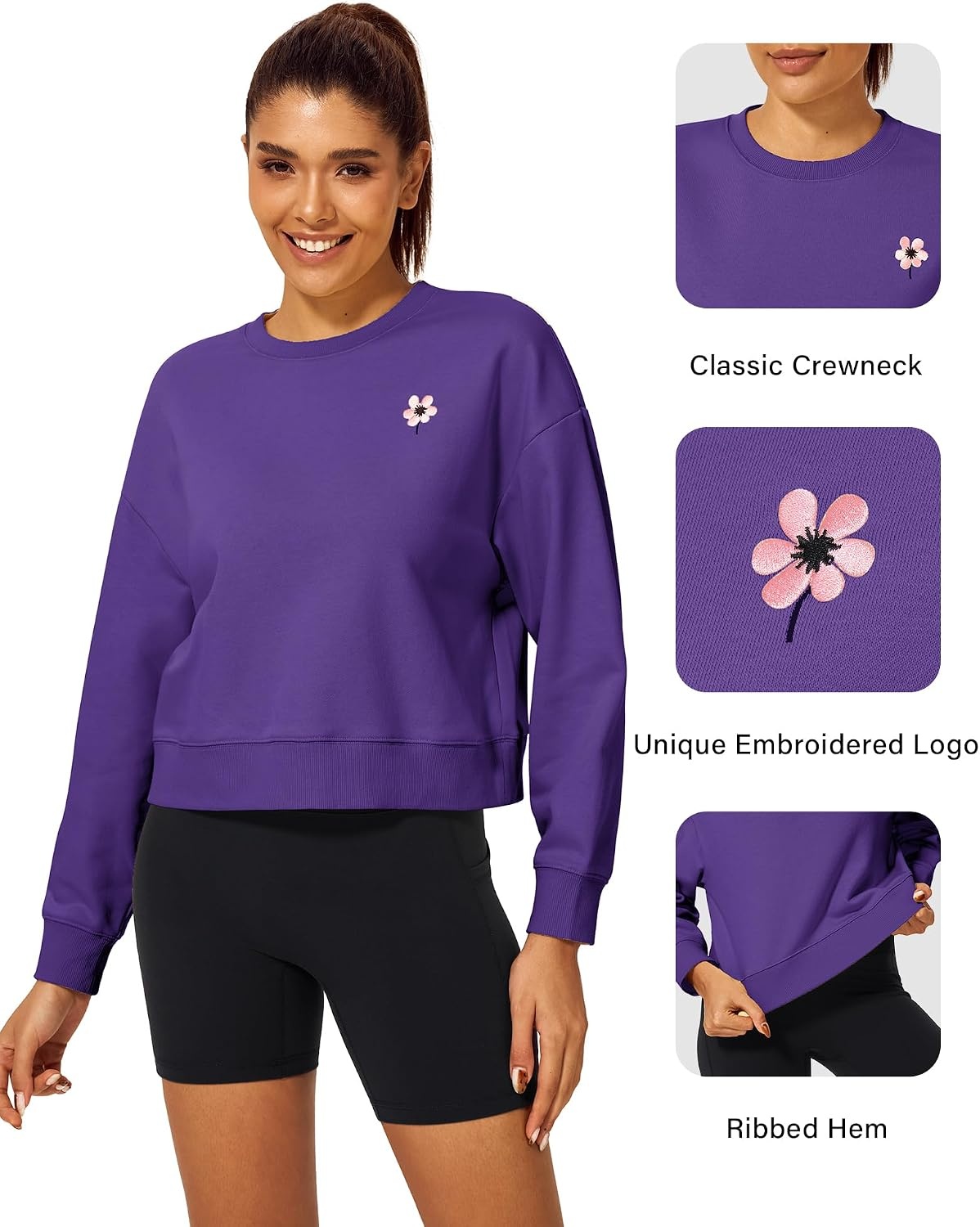 Stelle Cropped Sweatshirt for Women Crewneck Pullover Tops Oversized Long Sleeve Lightweight Casual Cotton Sweat Shirts(Purple)