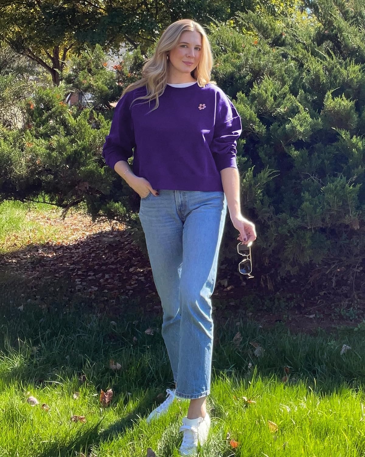Stelle Cropped Sweatshirt for Women Crewneck Pullover Tops Oversized Long Sleeve Lightweight Casual Cotton Sweat Shirts(Purple)
