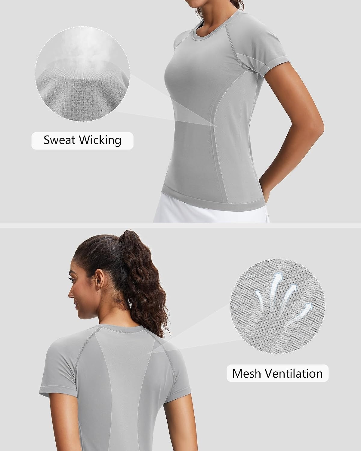 Stelle Womens Workout Tops Short Sleeve Seamless Moisture Wicking Yoga Tees | Meamless Fabric,Quick-Drying,Mesh Ventilation,Slim-Fit Silhouette,Raglan Sleeves,For Running,Tennis And Gym Workout(Grey)