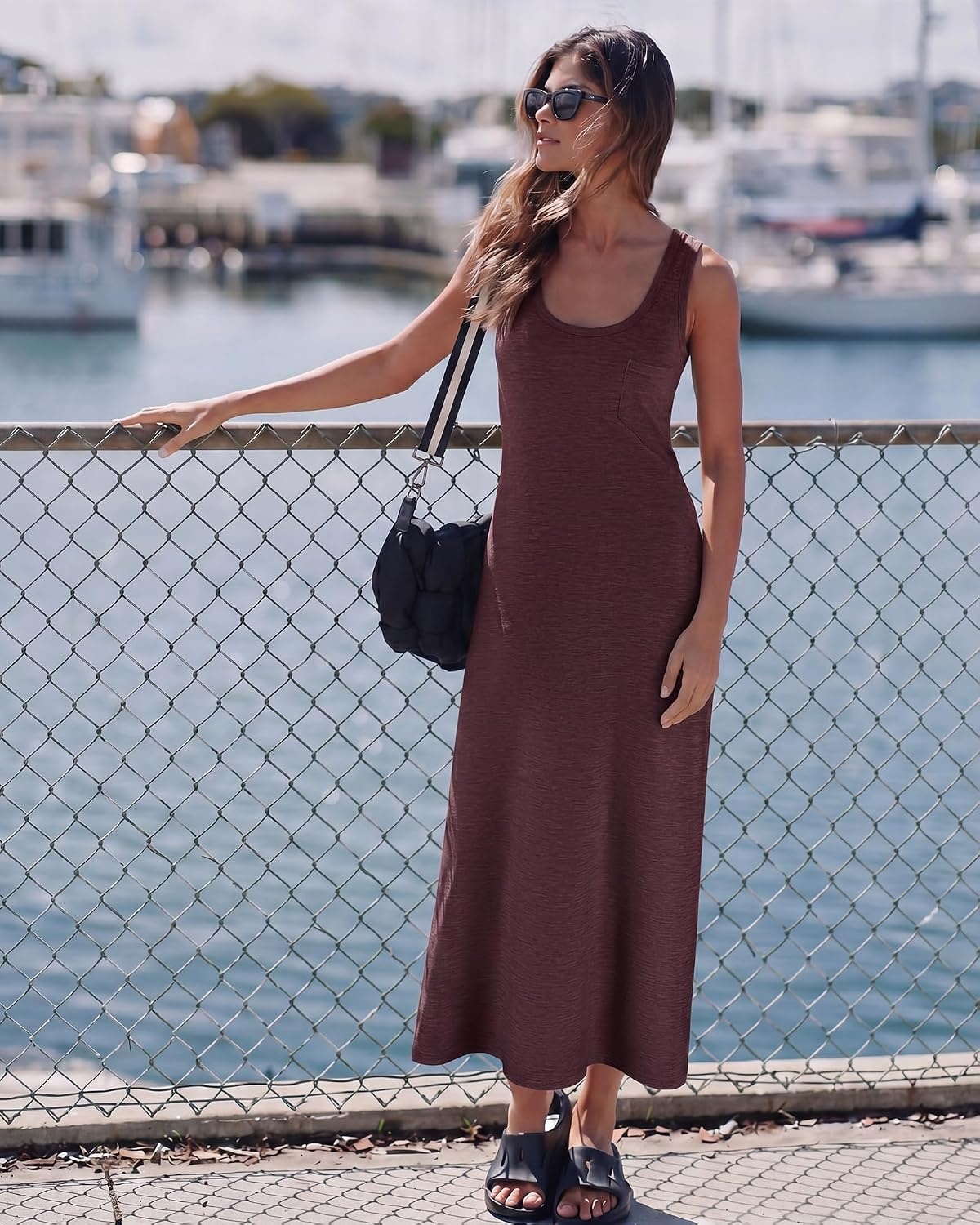 Stelle Women Nightgowns Long Sleeveless Sleepwear Racerback Pajama Dress Nightshirt(Heather Burgundy)