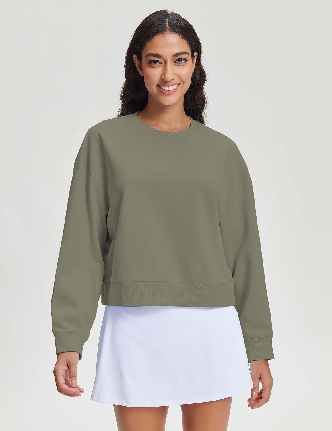 Stelle Women’s Cropped Crewneck Sweatshirt Relaxed Fit Casual Everyday | Soft lining, Ribbed cuffs, Lightweight warmth, Layering essential, Lounge, Travel, Streetwear(Utility Green)