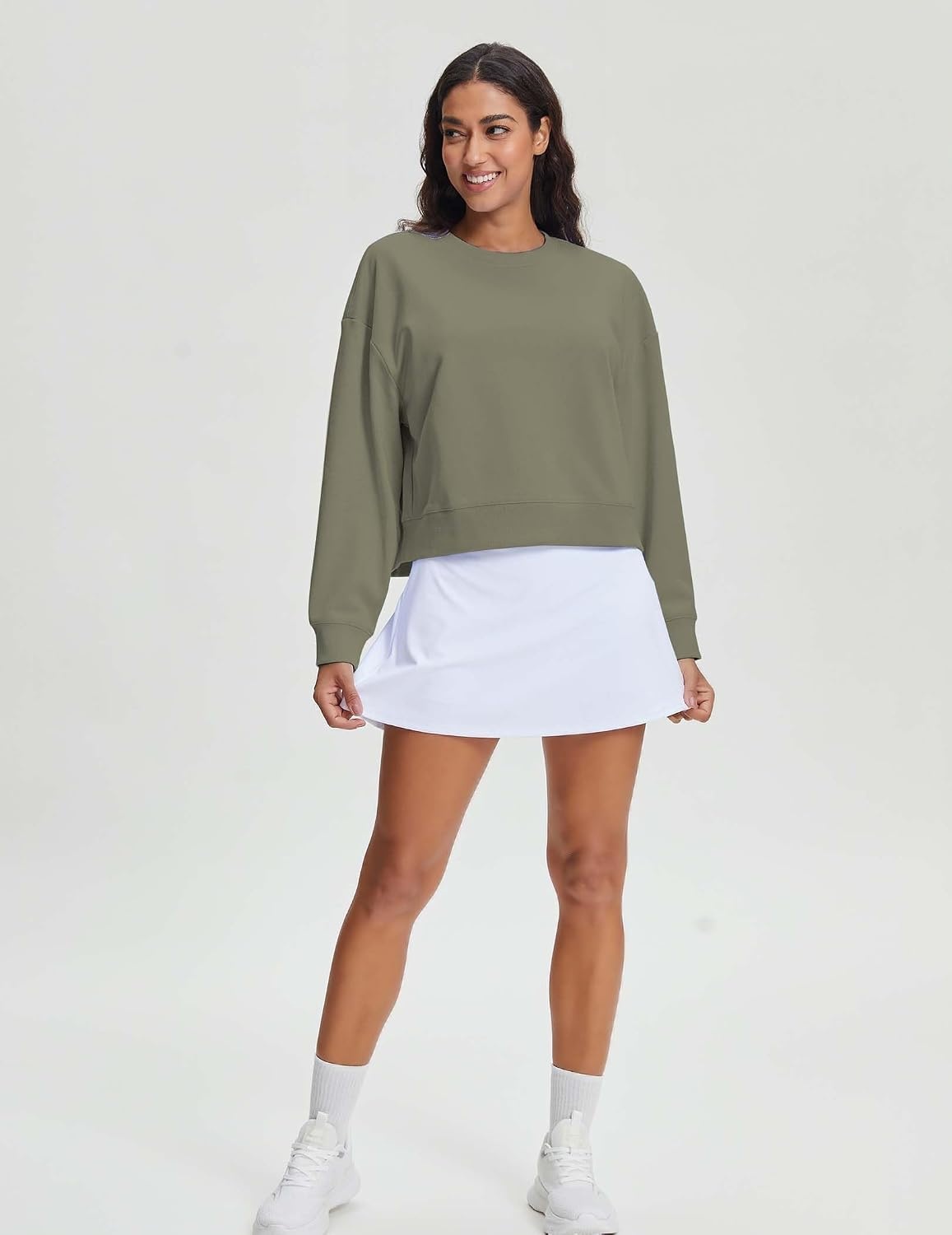 Stelle Women’s Cropped Crewneck Sweatshirt Relaxed Fit Casual Everyday | Soft lining, Ribbed cuffs, Lightweight warmth, Layering essential, Lounge, Travel, Streetwear(Utility Green)