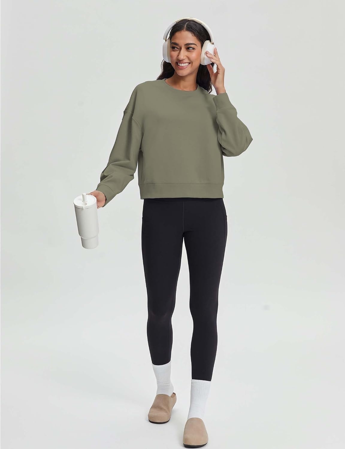 Stelle Women’s Cropped Crewneck Sweatshirt Relaxed Fit Casual Everyday | Soft lining, Ribbed cuffs, Lightweight warmth, Layering essential, Lounge, Travel, Streetwear(Utility Green)
